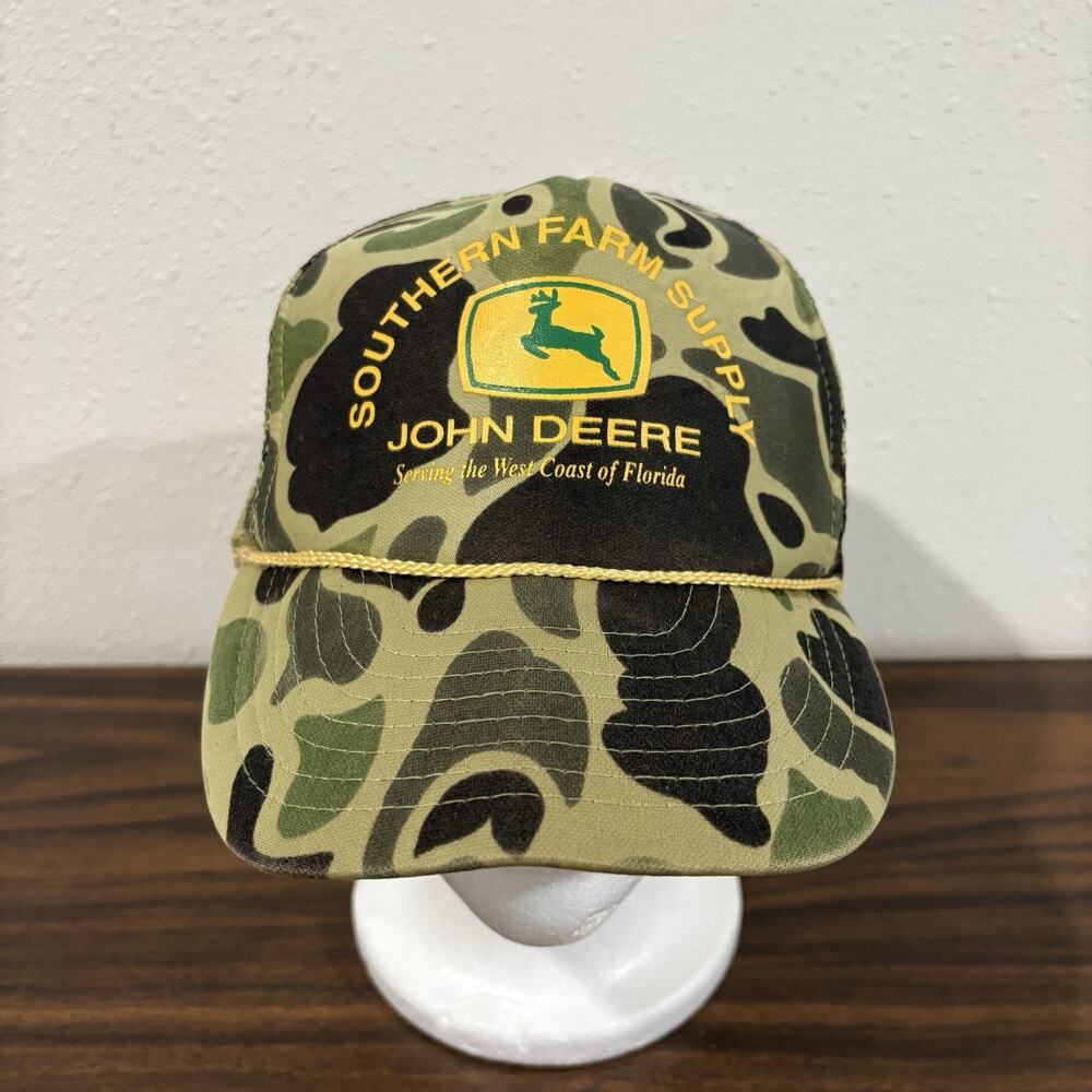 Vintage John Deere Camo Hat Cap with Deer Logo Rope Southern Farm Supply Mesh